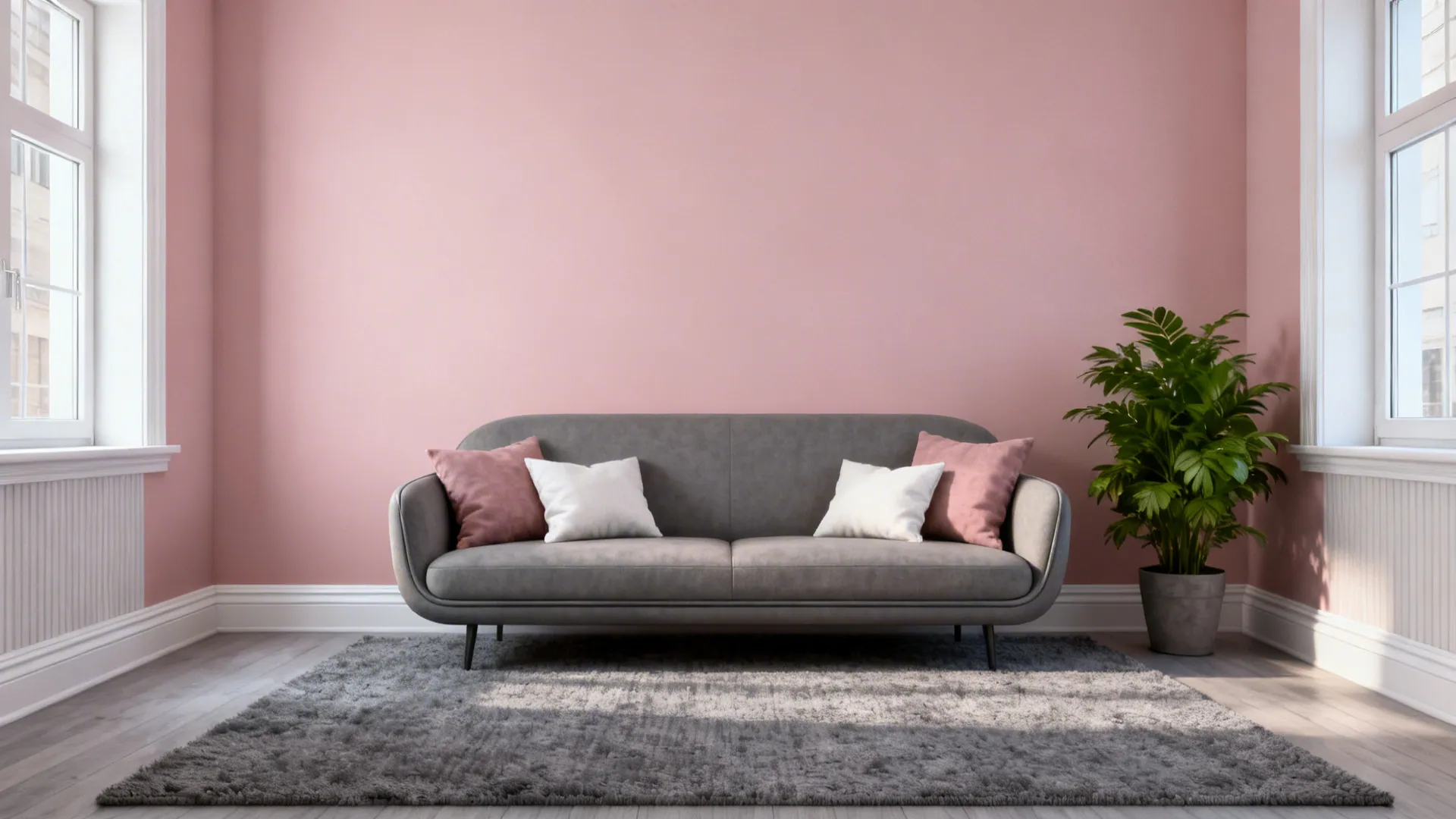 Living room with blush accent wall, mid-grey sofa and white trim