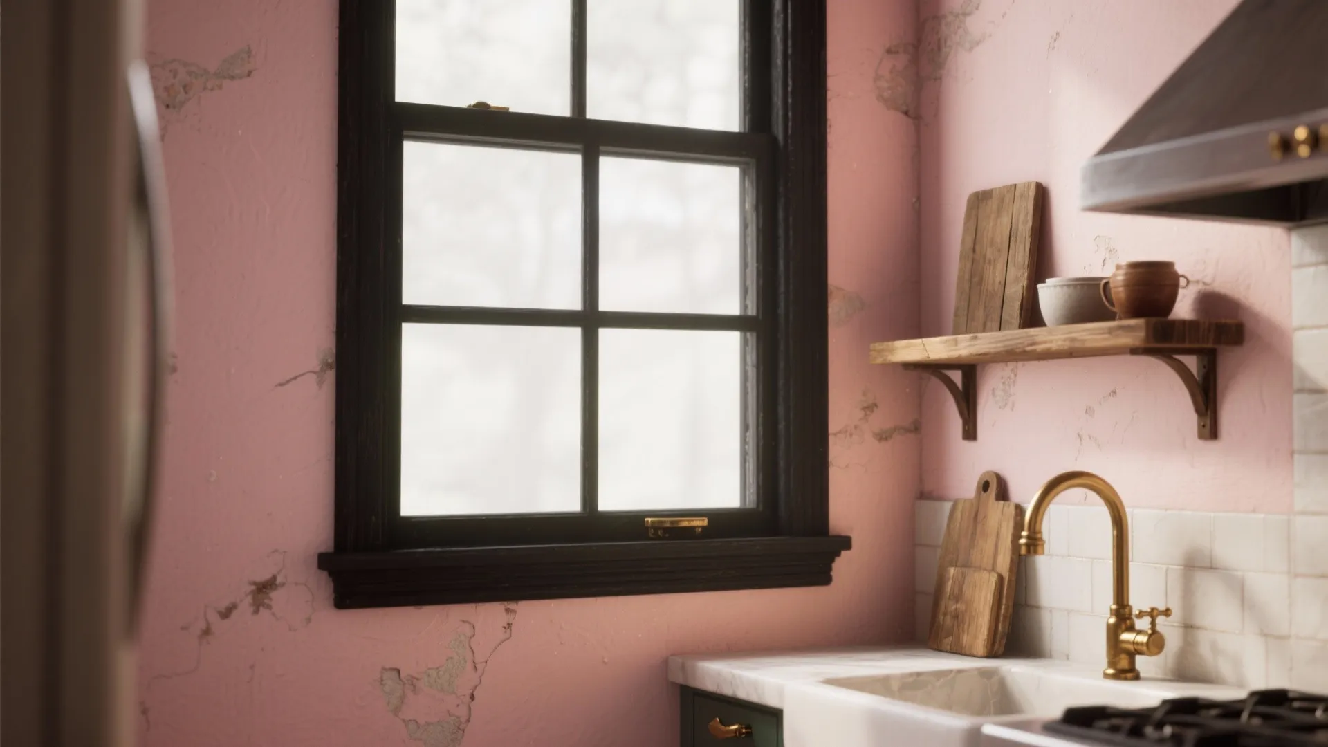 5. Blush walls with black trim for vintage drama