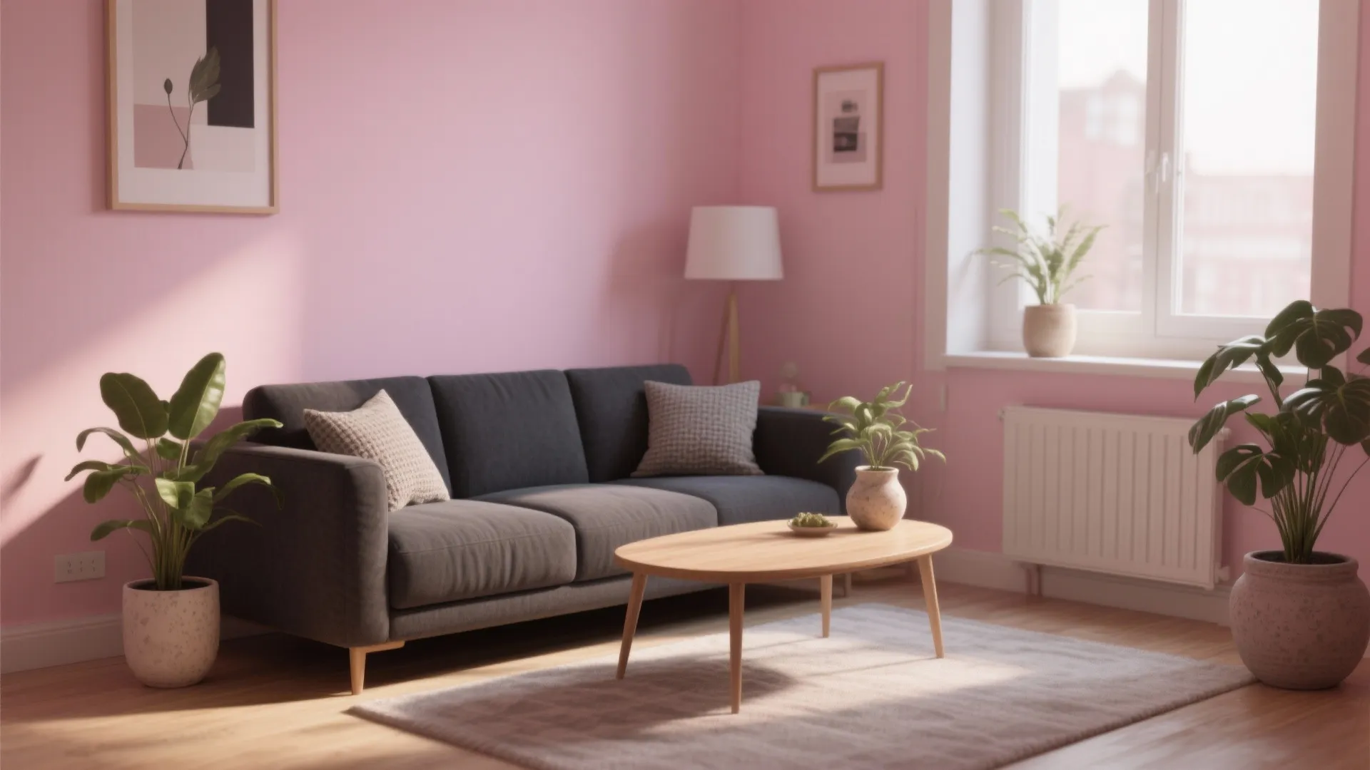 Soft Blush Walls with Charcoal Sofa