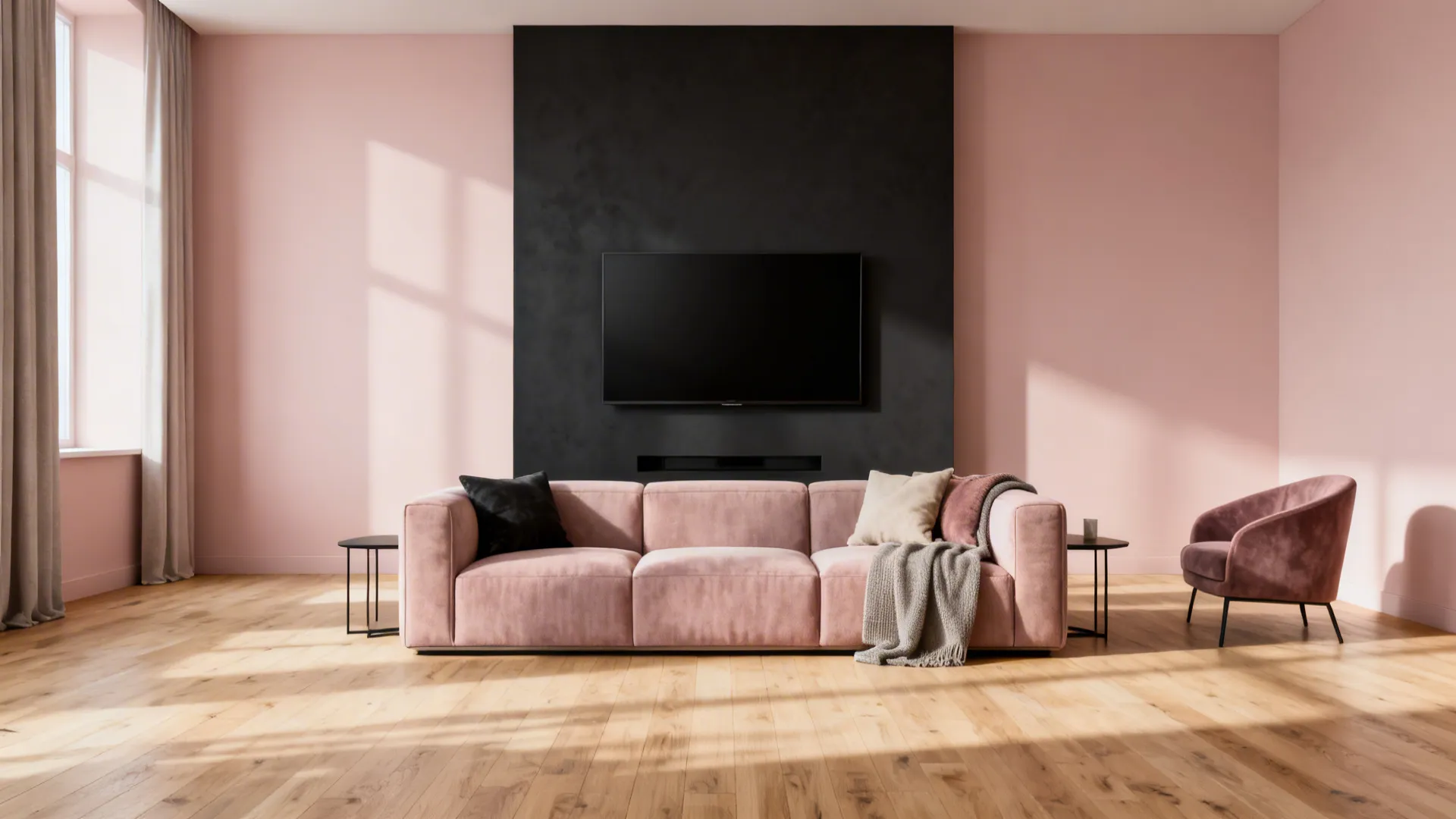 Small living room with soft blush walls and a charcoal sofa anchoring the space.