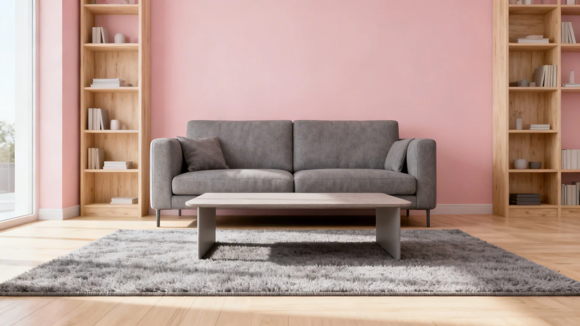 Studio living area with soft blush walls and a mid-grey sofa anchored by blonde wood flooring.