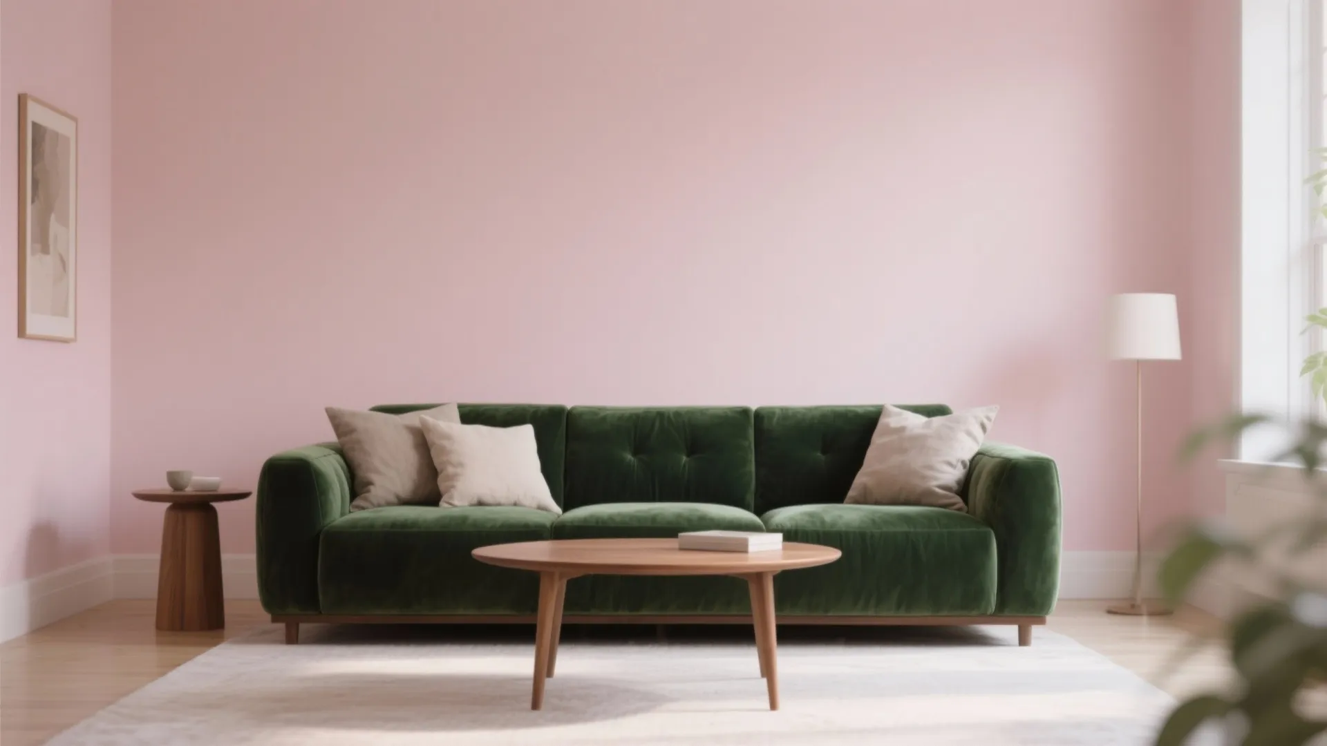1. Soft Blush Walls with Sage Green Sofa