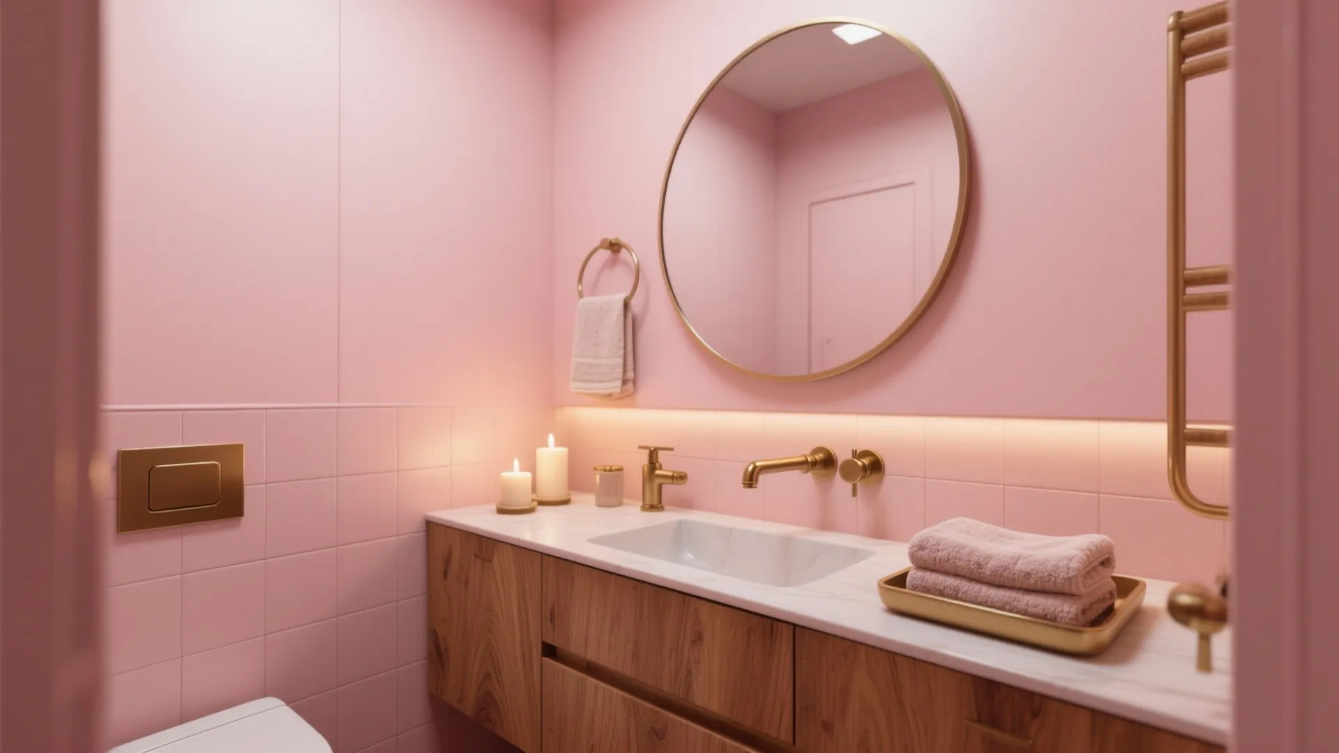 Modern pink bathroom with round mirror wooden cabinet gold faucet and white sink plus candles