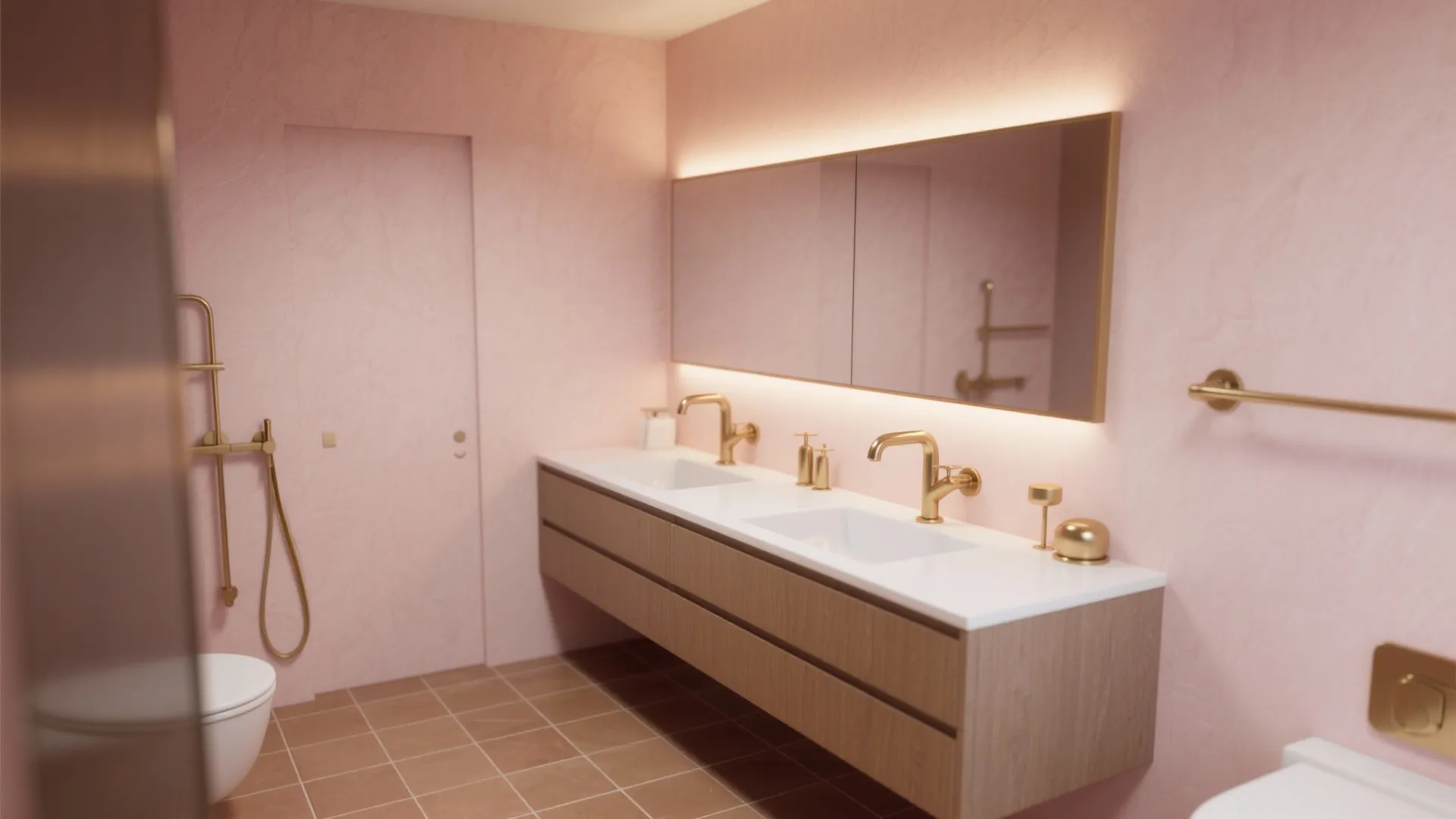 4. Soft Blush with Warm Metal Accents