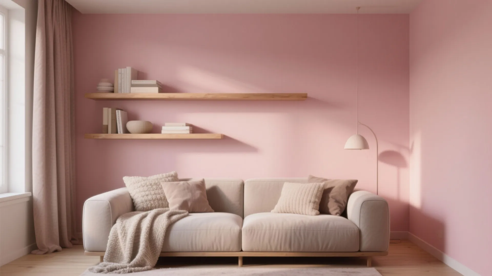 Minimalist living room with pink wall beige sofa wooden shelves floor lamp and soft light