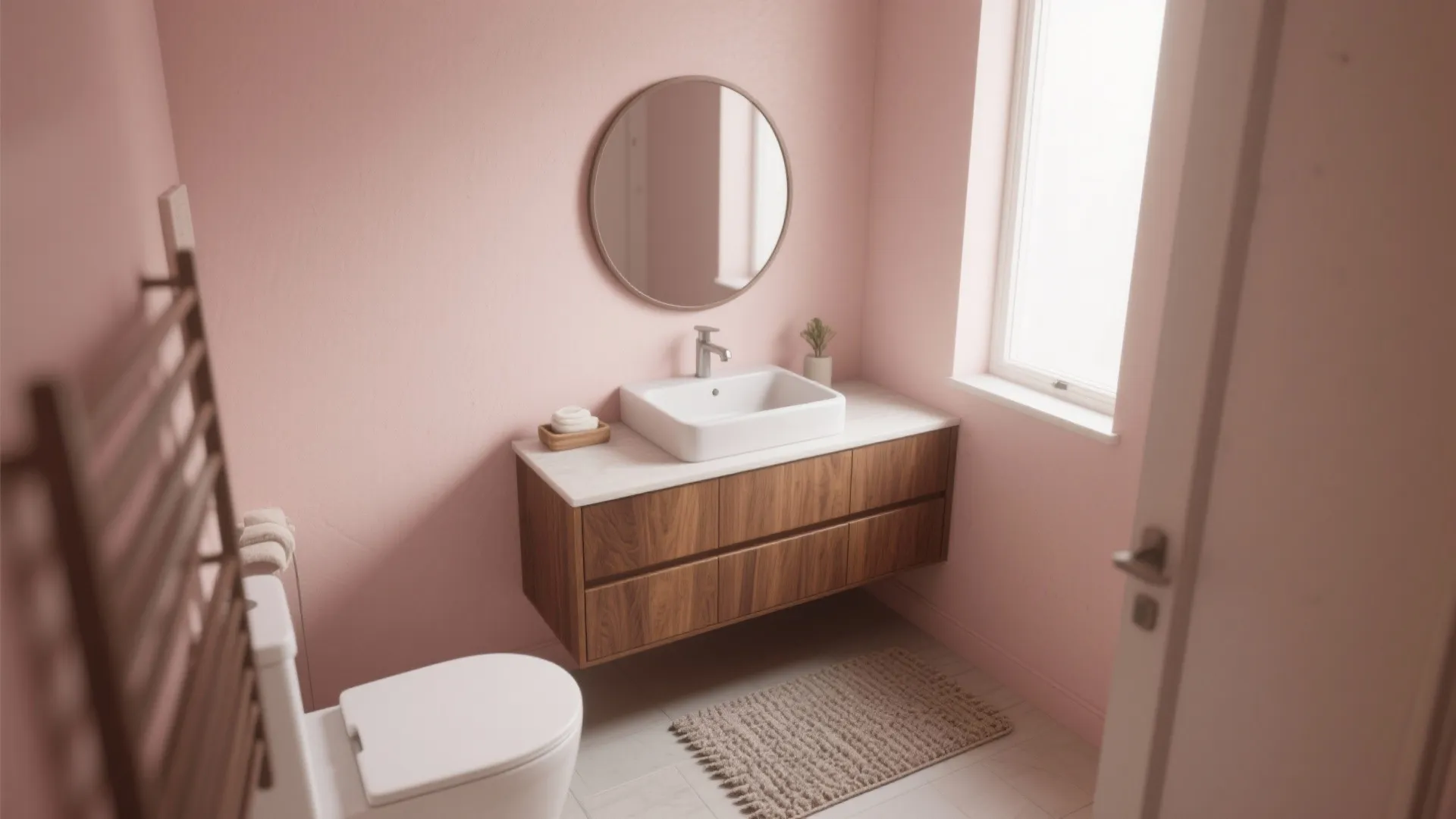 Compact blush pink bathroom with warm wood vanity and round mirror