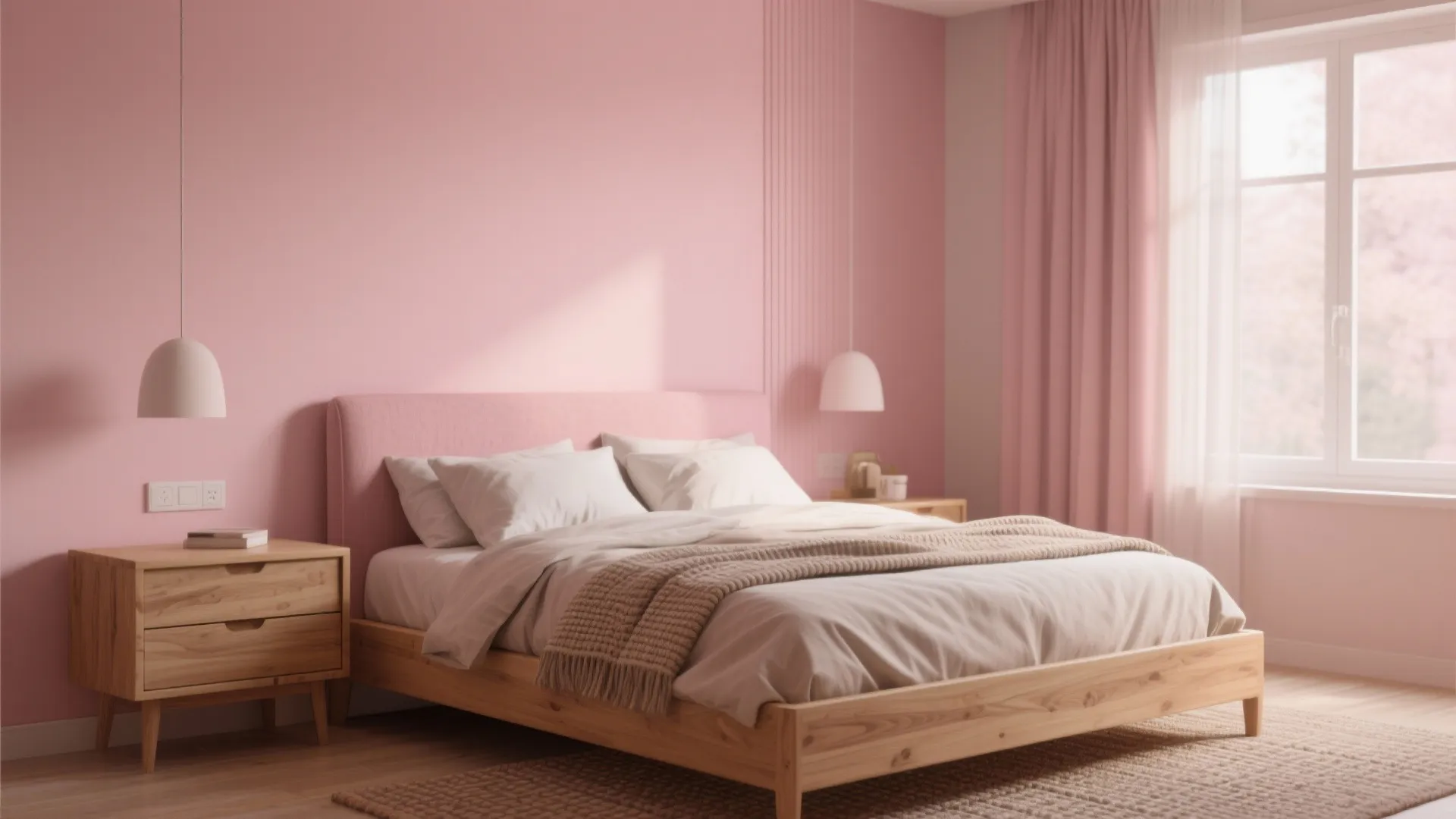 Guest bedroom with blush pink matte walls and oak furniture layered with woven textures