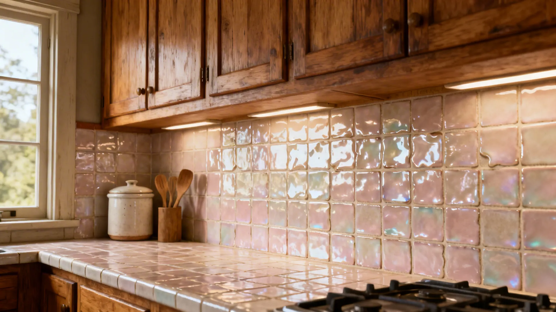 Maple cabinetry with blush-pearl zellige tile backsplash showing handcrafted variation.