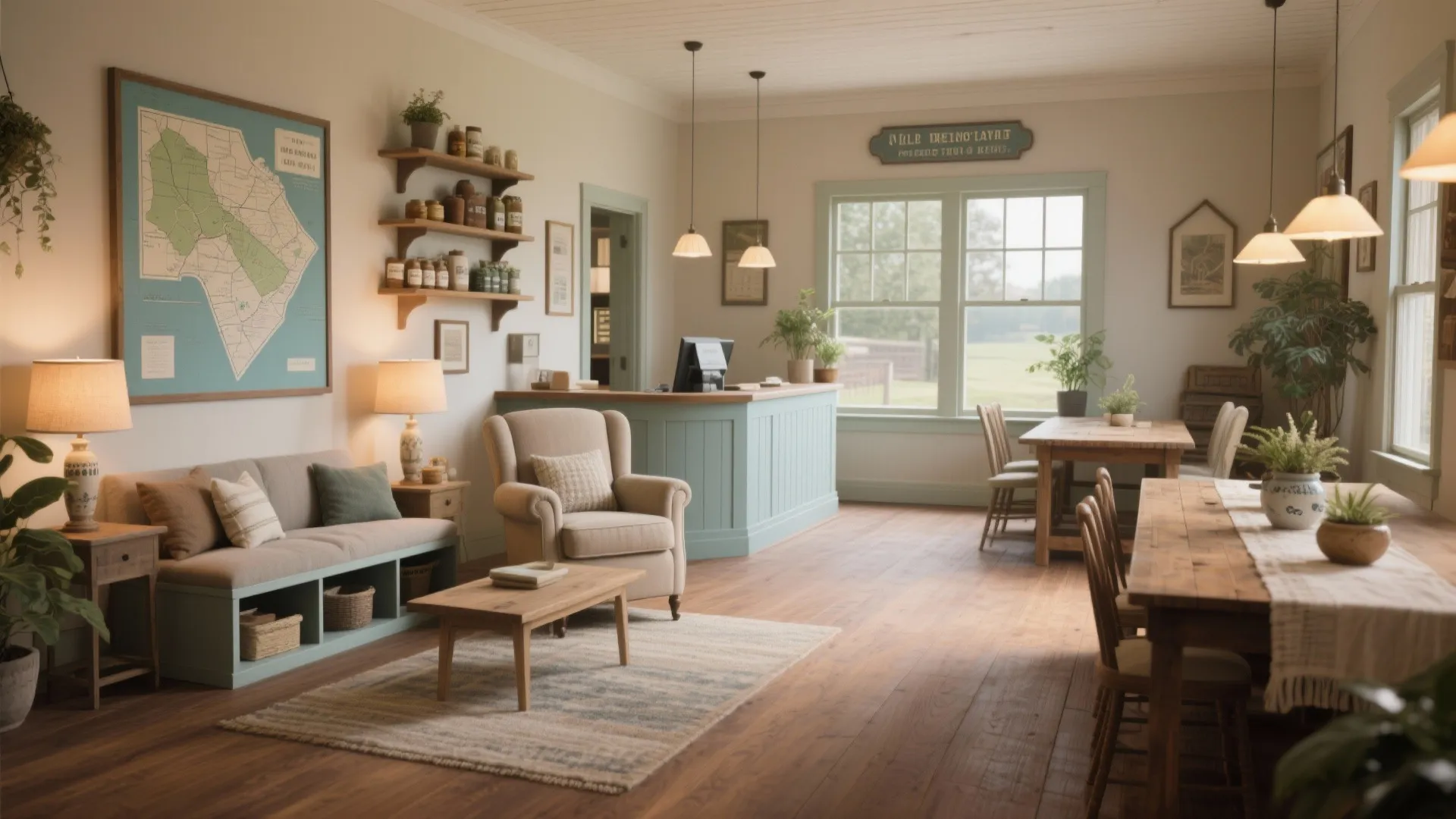 Warm lobby interior design with seating area wooden tables light green counter and bright natural light