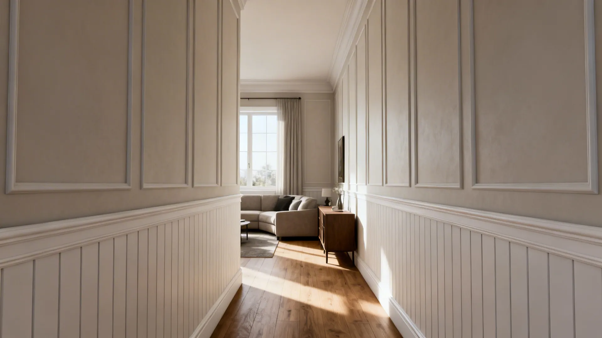 Narrow living room with tall board-and-batten trim reaching the ceiling to add vertical drama.