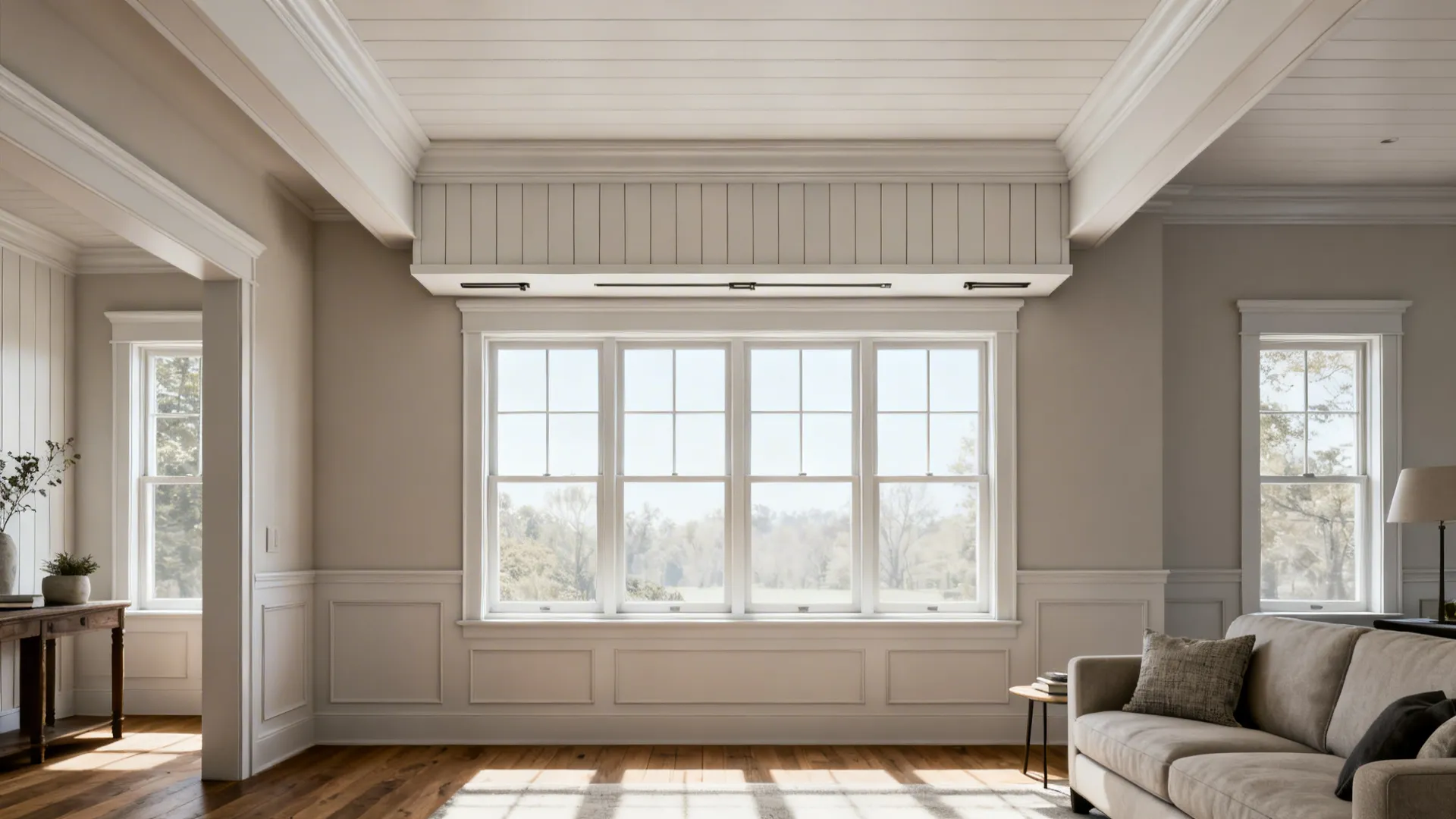 Modern farmhouse living room with a board-and-batten valance above a large window, matching trim and clean lines.