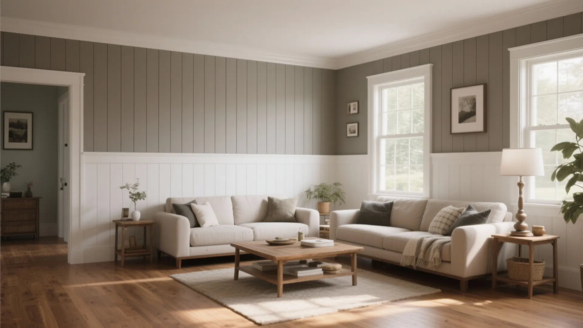 Living room with white board and batten wainscoting and warm grey upper walls