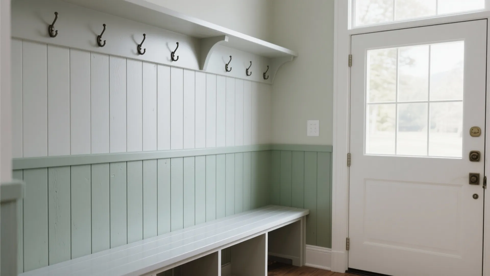 Entrance room with green and white wall panel storage bench coat hooks and glass window