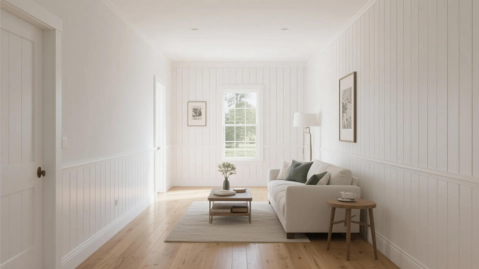 Bright minimalist living room with white wall panel sofa coffee table rug and large windows