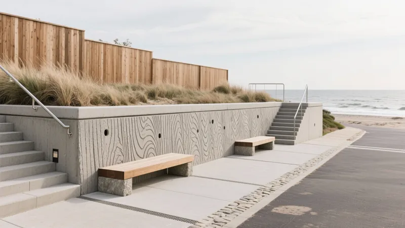 Coastal Concrete Walkway with Wood Benches