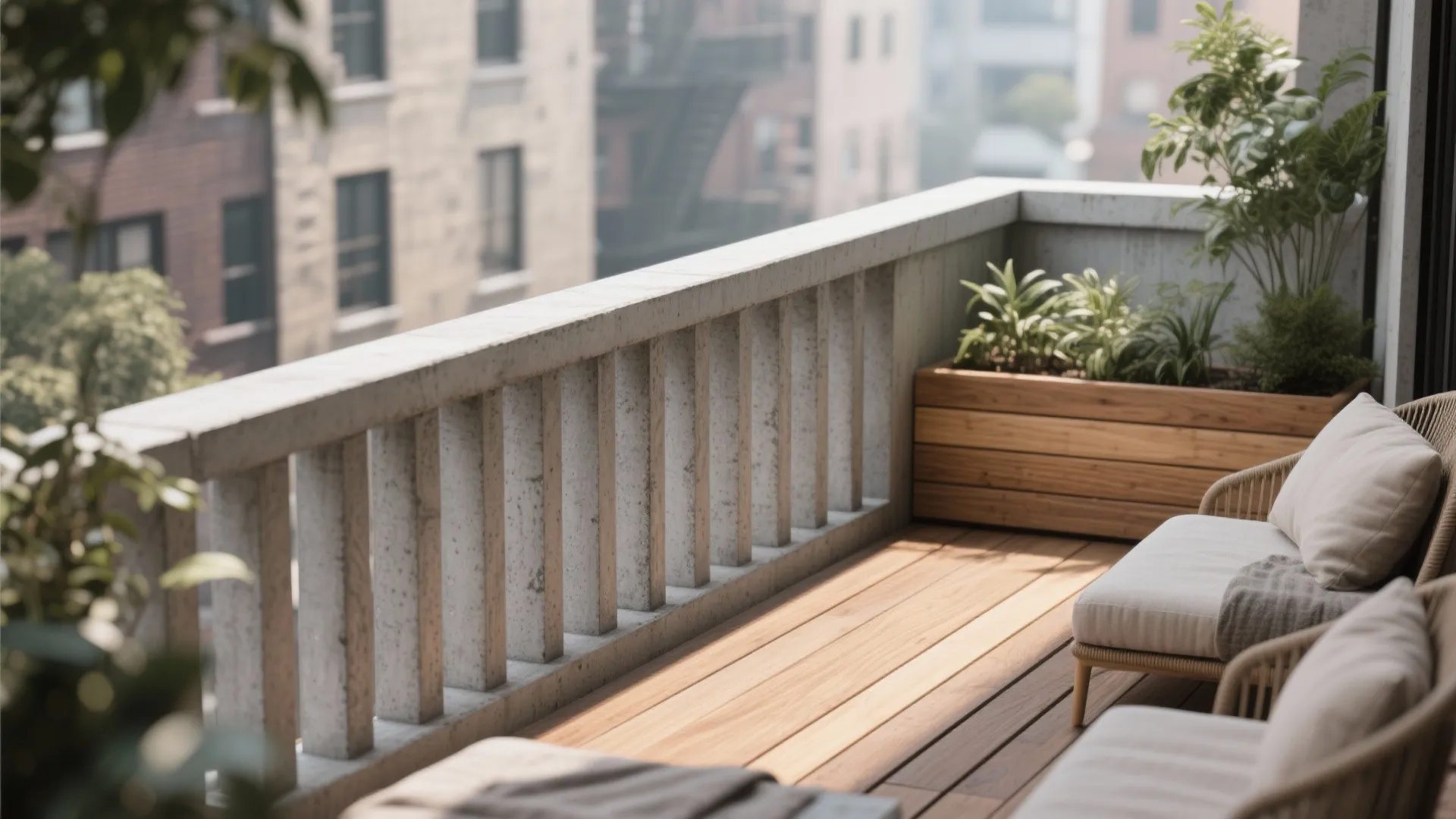Modern balcony featuring concrete railing wooden decking white sofa chairs and green plants in planter