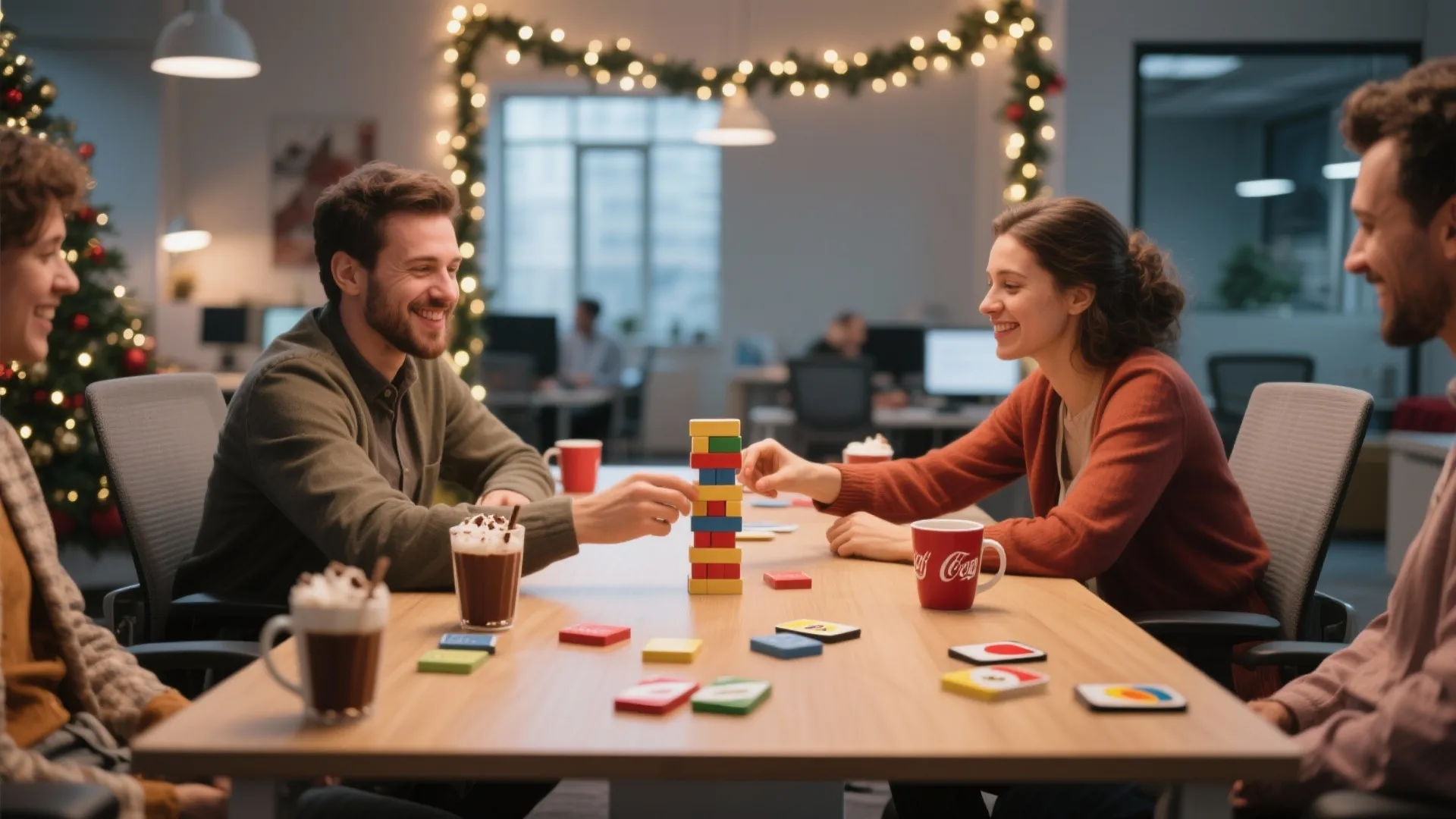 Group of colleagues playing a colorful wooden block game on a table in decorated office