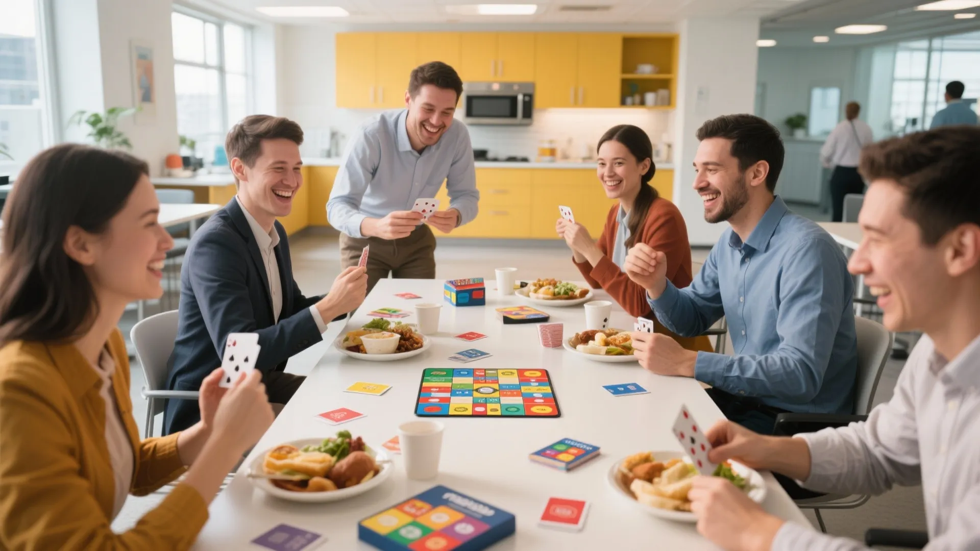 Colleagues playing board games and cards while eating lunch together in a bright office kitchen area