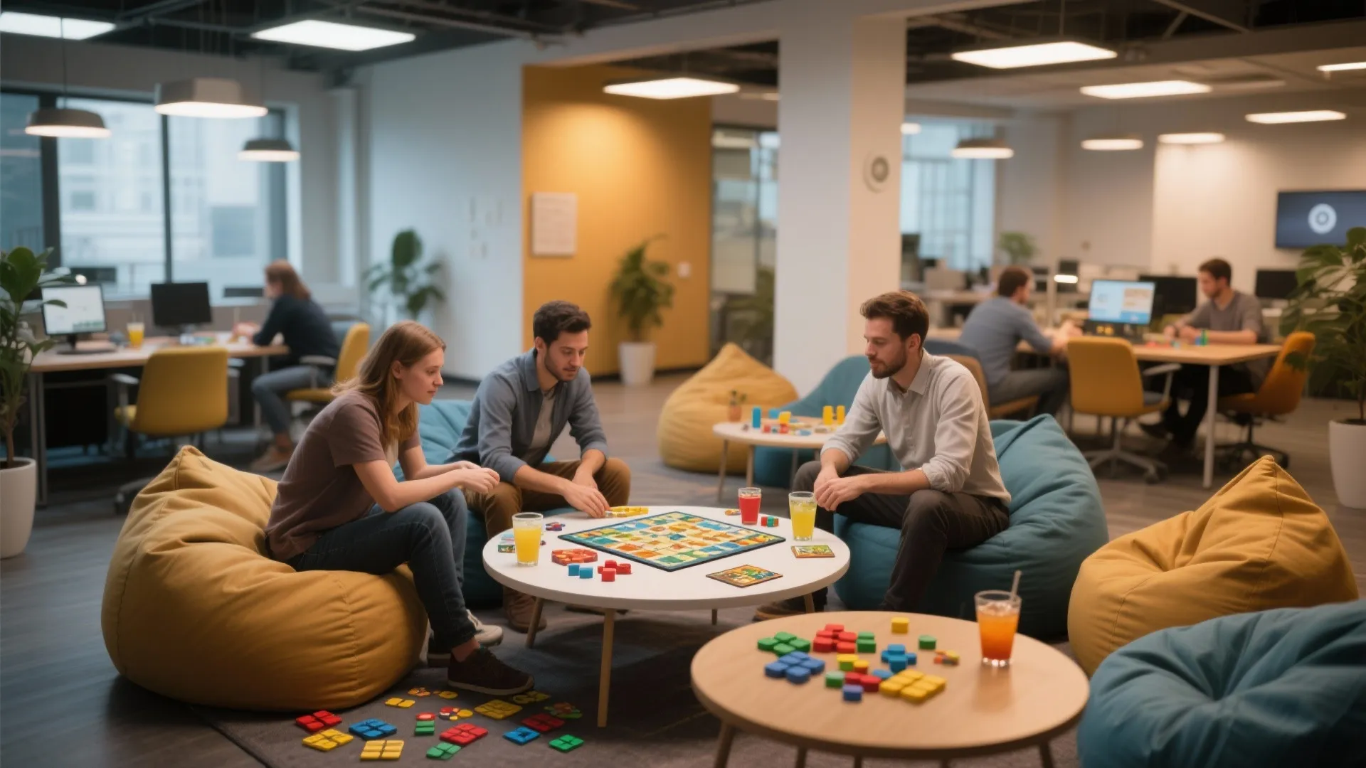 Employees playing board games in a modern office lounge area with colorful bean bags and snacks