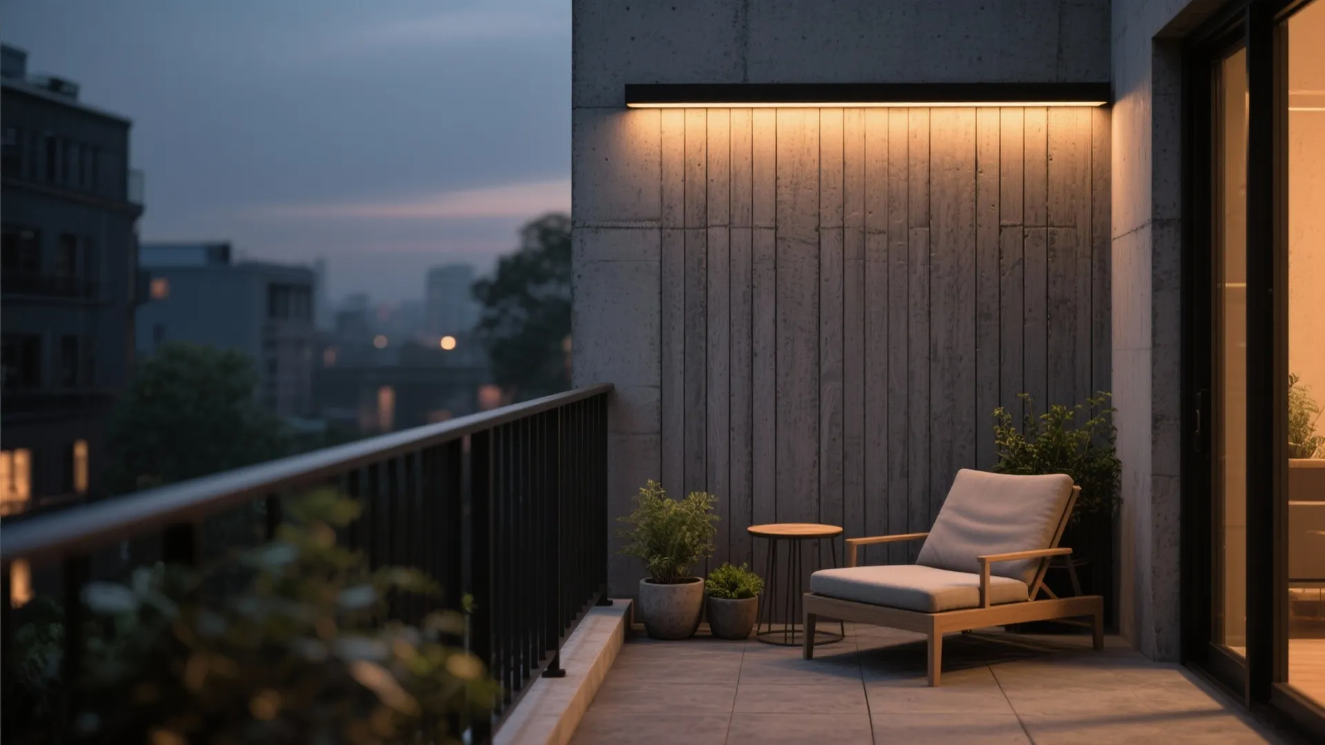 Modern balcony with wooden lounge chair side table potted plants and glowing warm yellow light