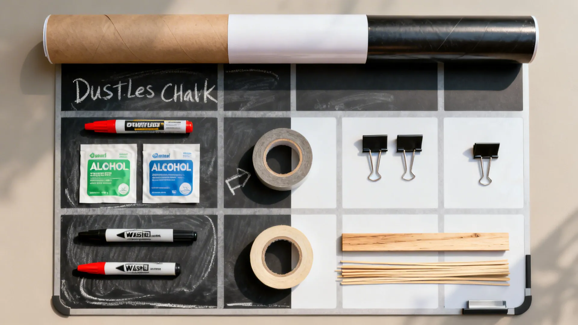 Top-down flatlay of chalkboard and whiteboard sticker rolls, markers, dustless chalk, clips, and trim.
