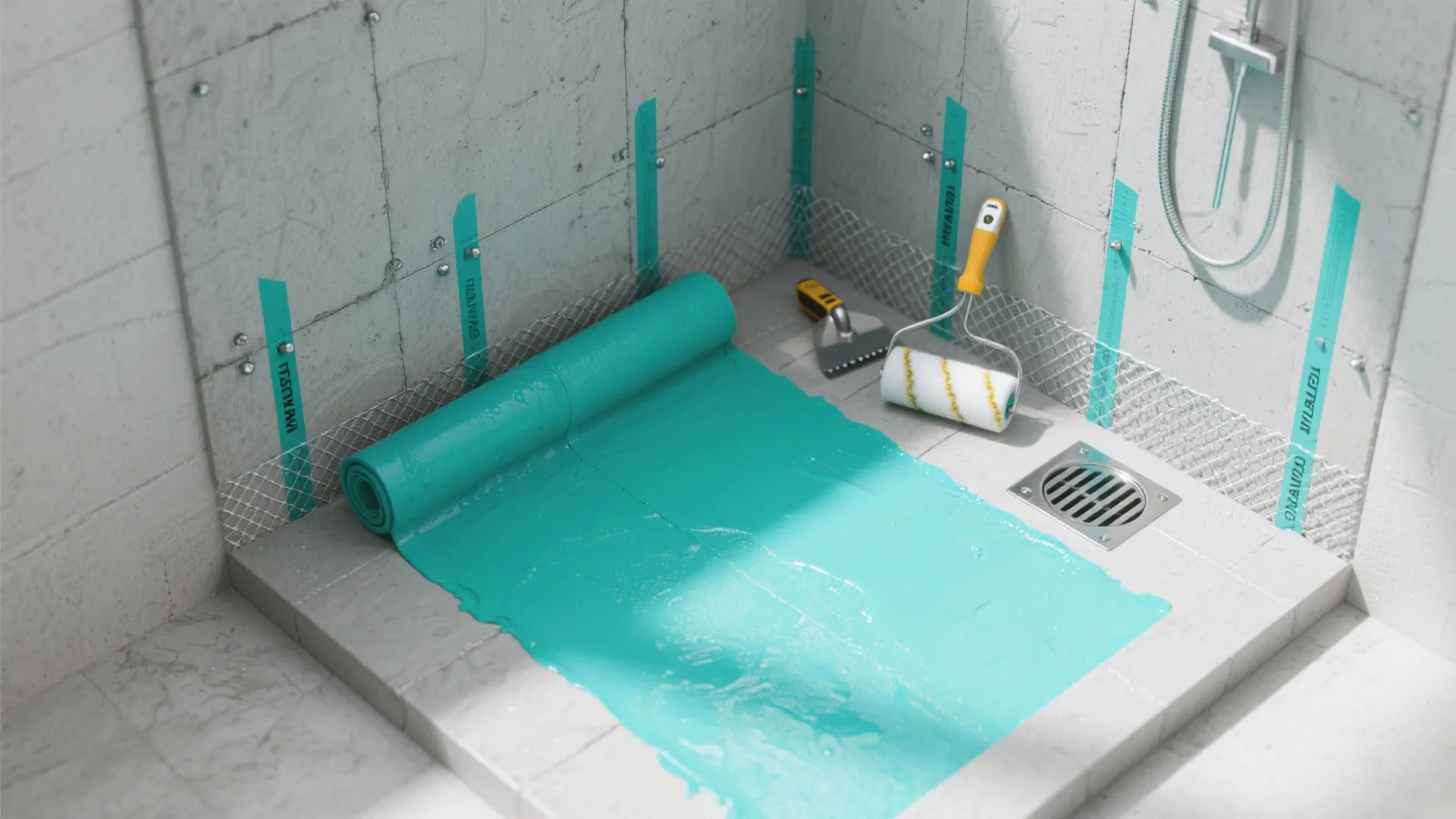 Top-down view of cement board with mesh tape and liquid waterproofing applied in a small shower mock-up.