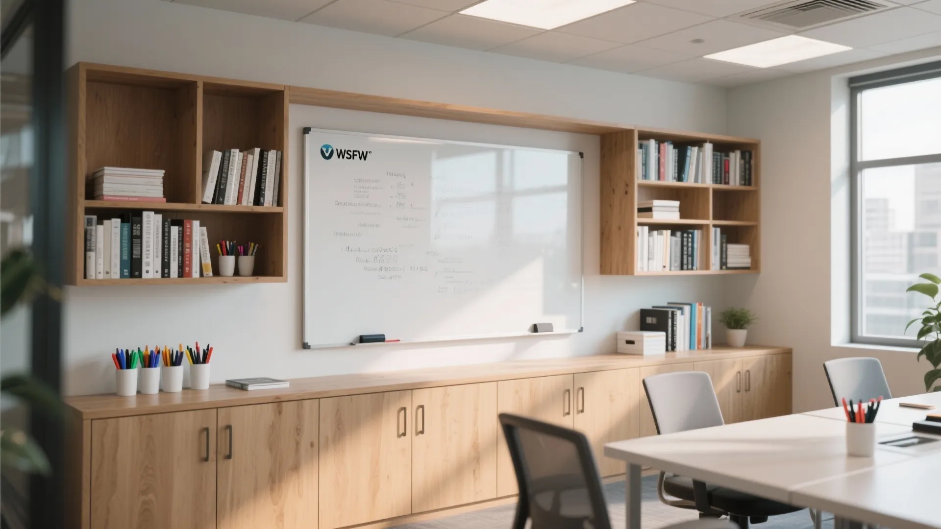 9. Integrated Whiteboard Walls with Storage