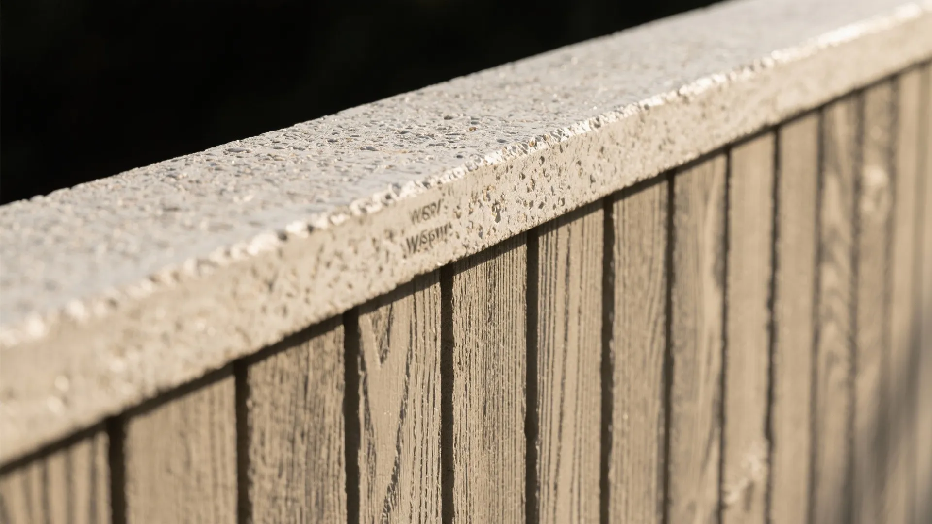 Close up of a wooden wall panel with a rough concrete top edge under bright sunlight