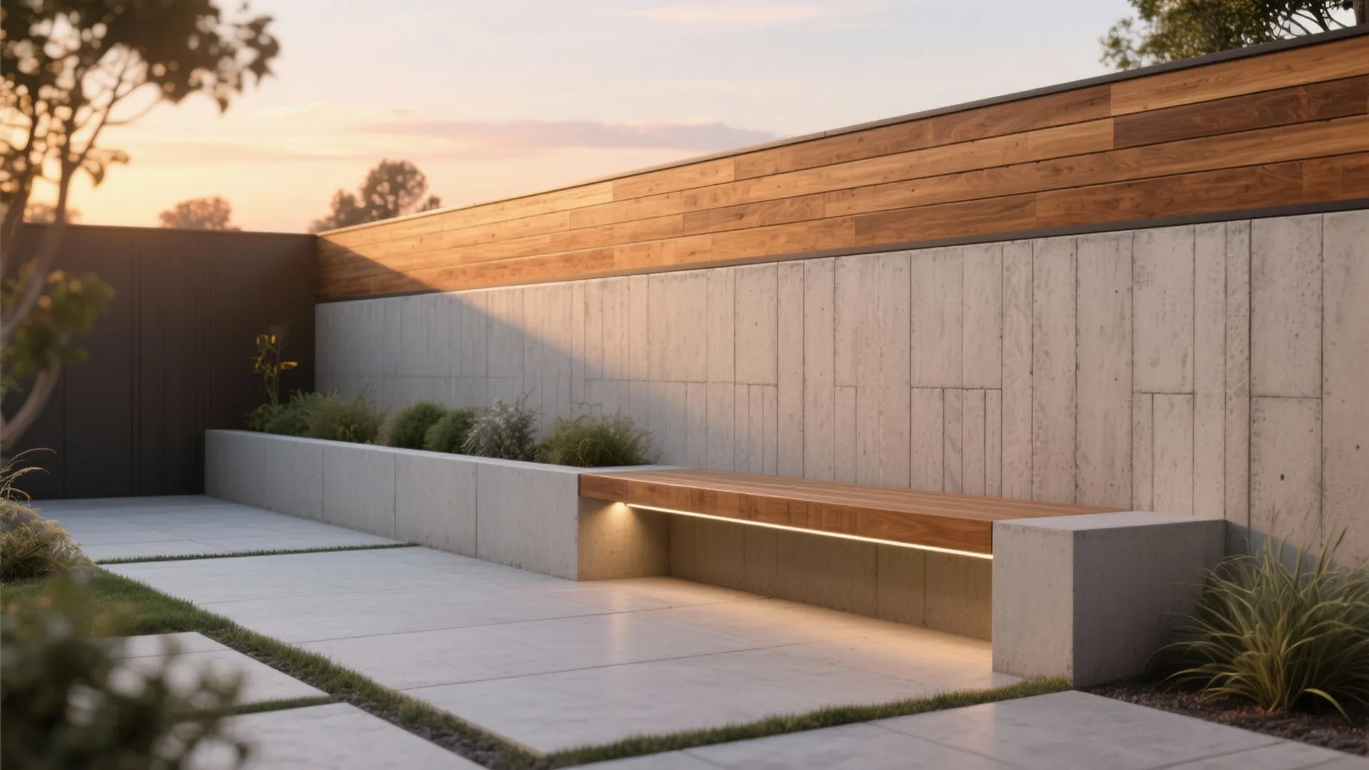 Textured Concrete with Warm Wood Caps for Modern Warmth