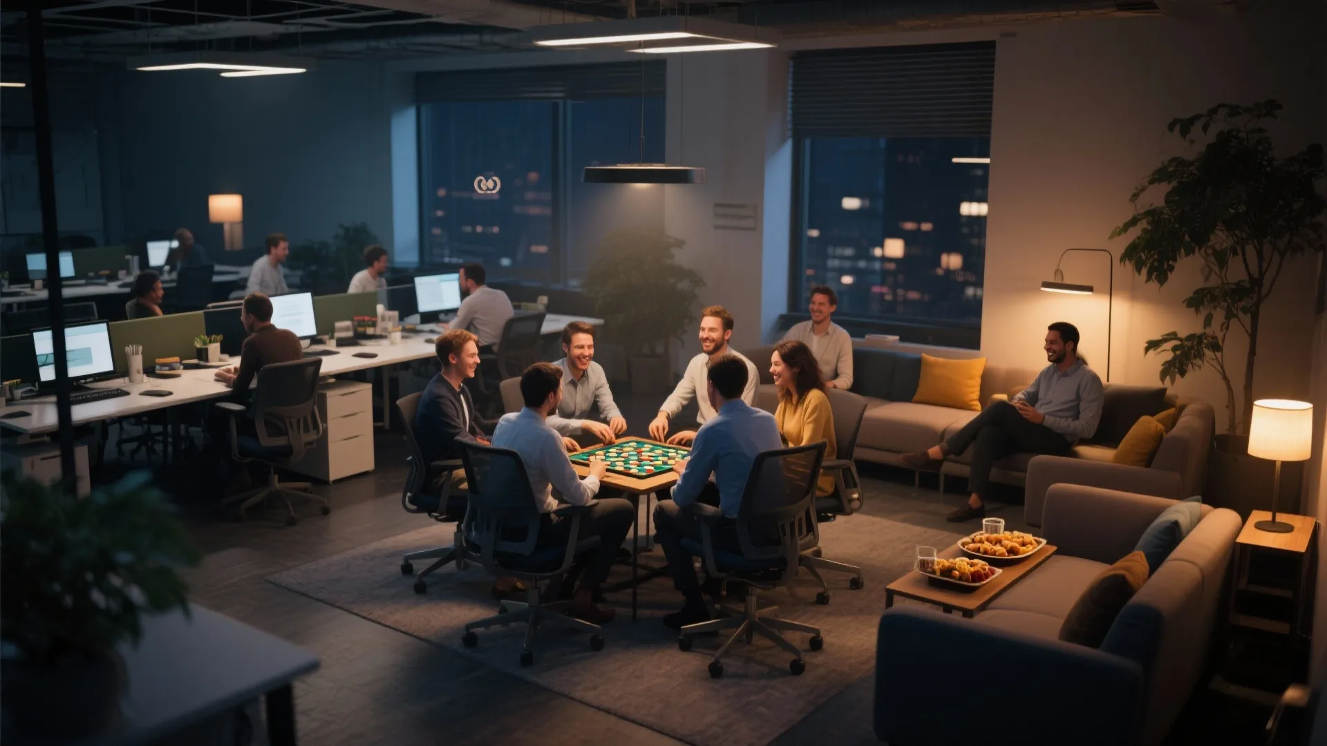 People playing a board game in a dark office at night with lamps and snacks