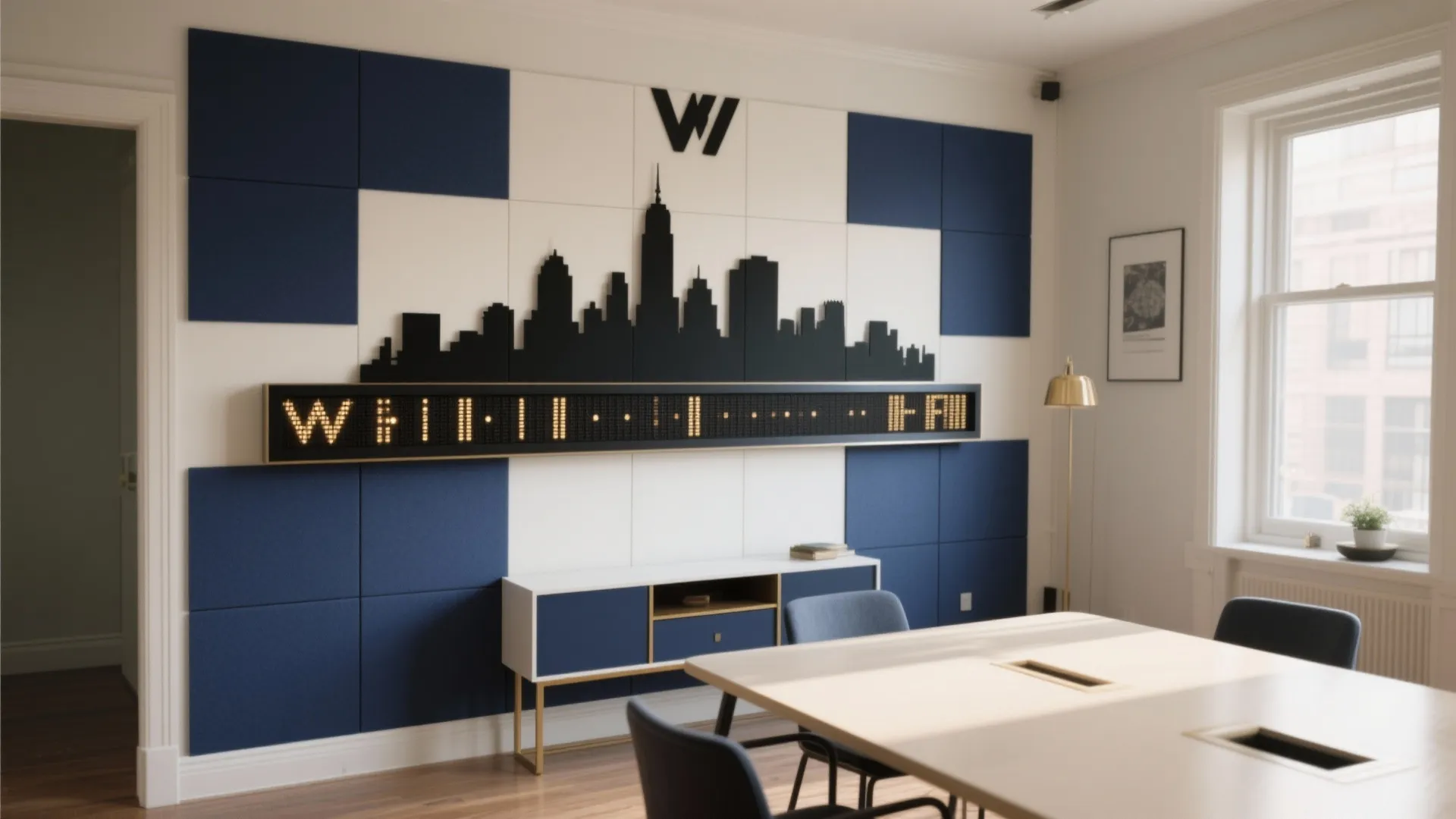 Backdrop: boardroom wall, skyline, and ticker sign