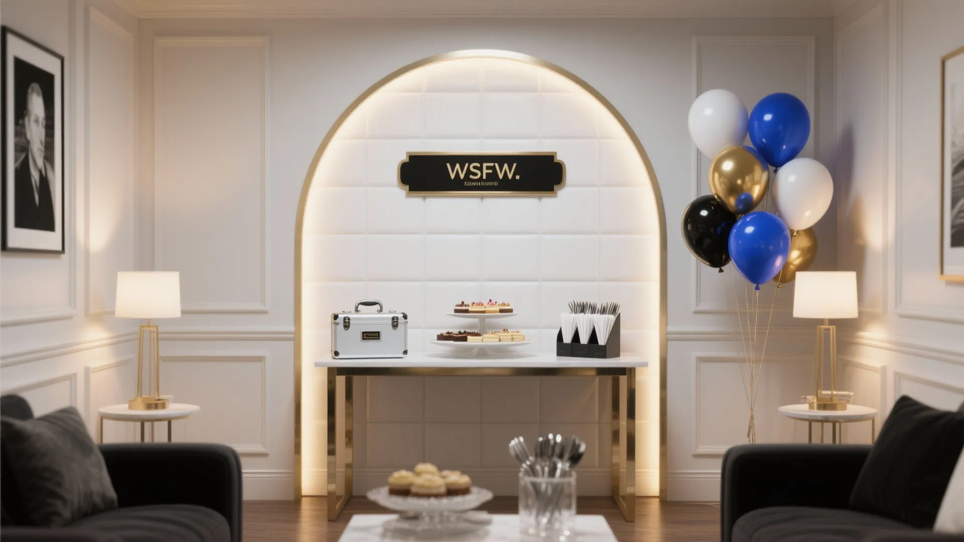 [Section: 灵感 2] The Boardroom Backdrop: Photo Wall + Dessert Bar Combo