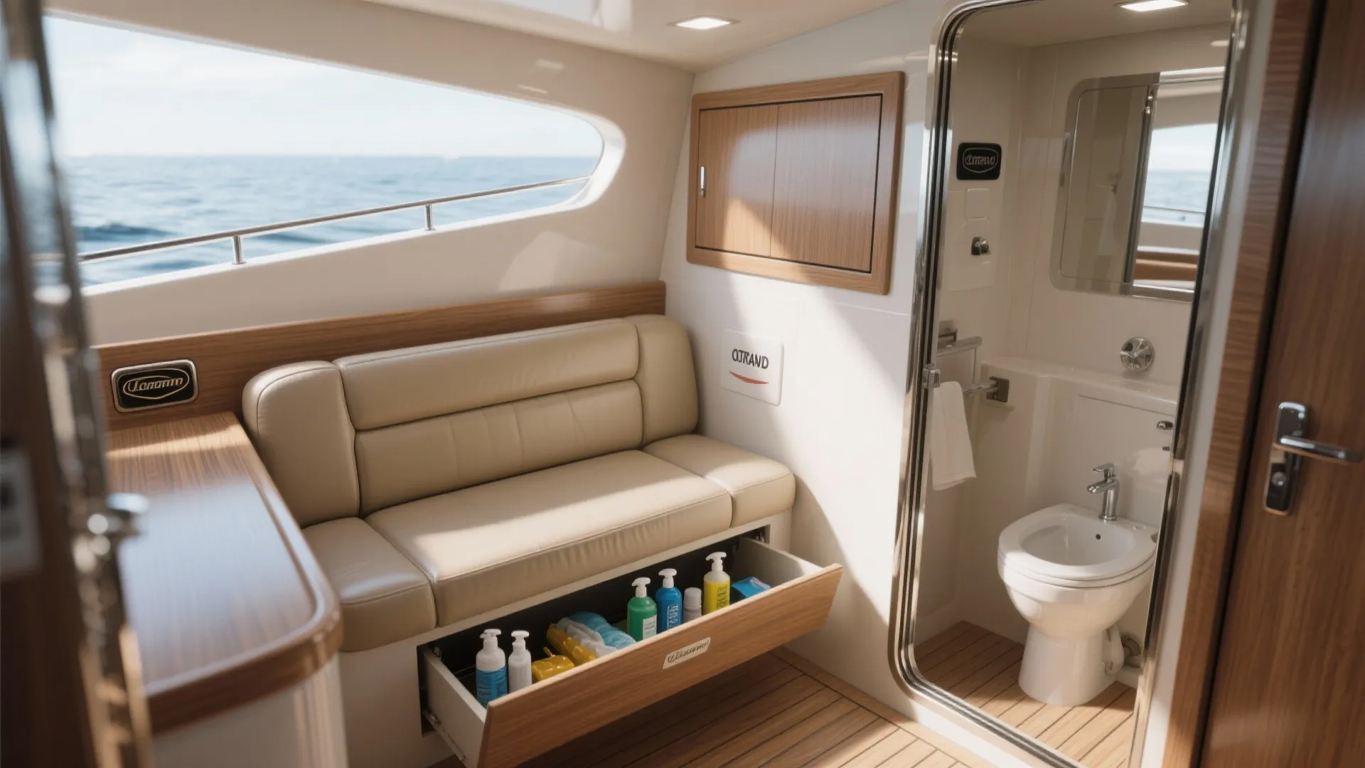 Beige leather boat sofa with open storage drawer underneath showing bottles next to a bathroom