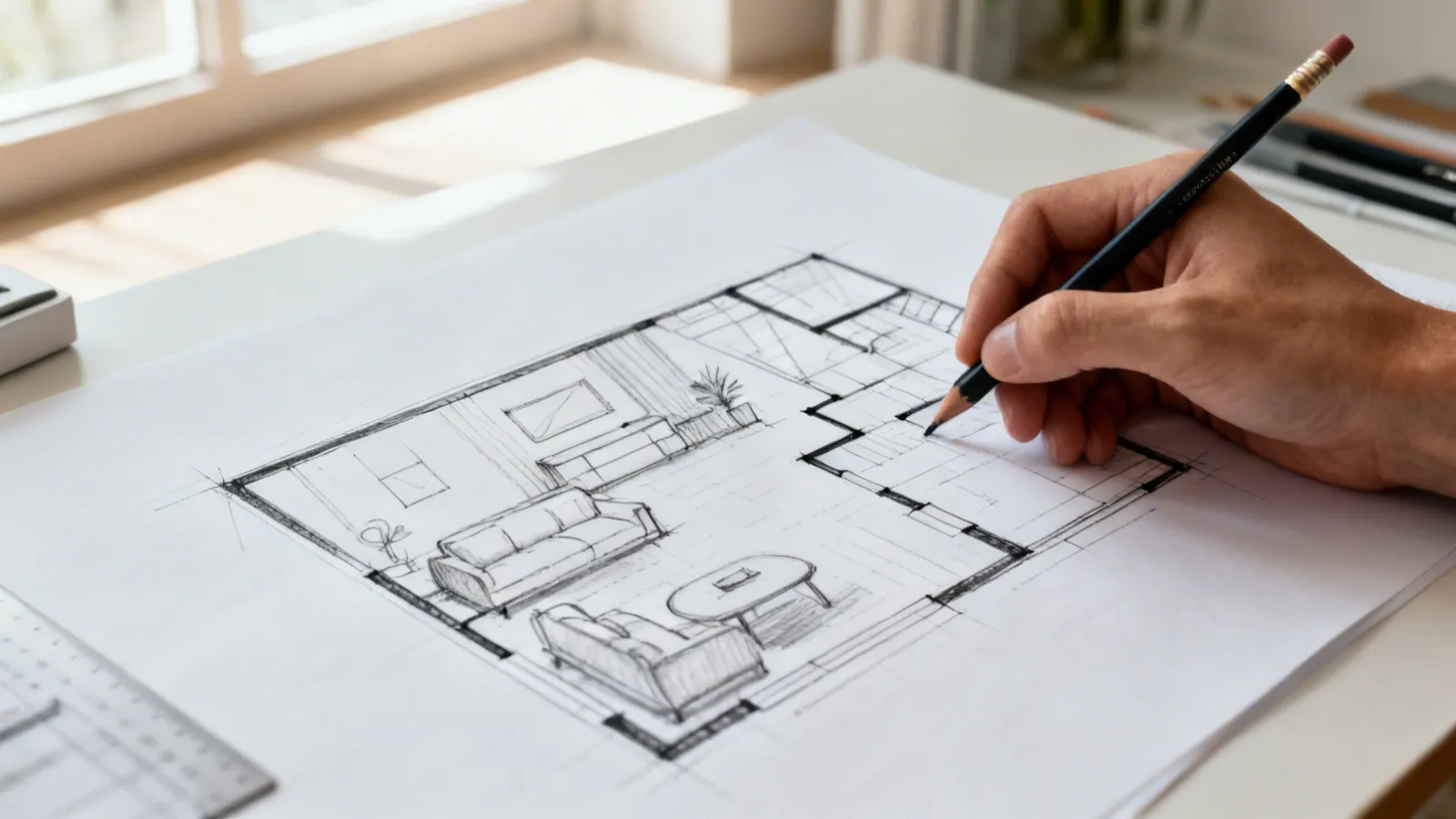 Boceto inicial de distribución de una vivienda dibujado a mano