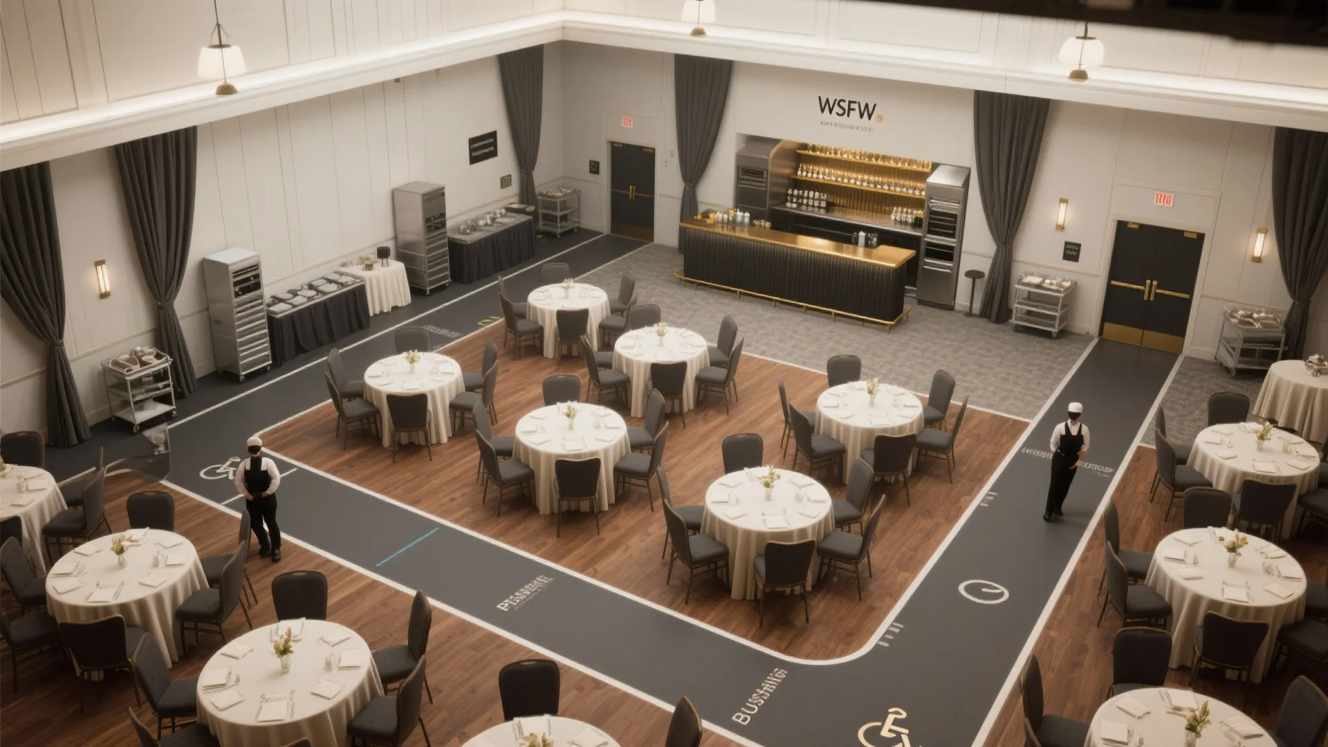 Event hall interior design drawing with round tables bar counter grey curtains and wood flooring