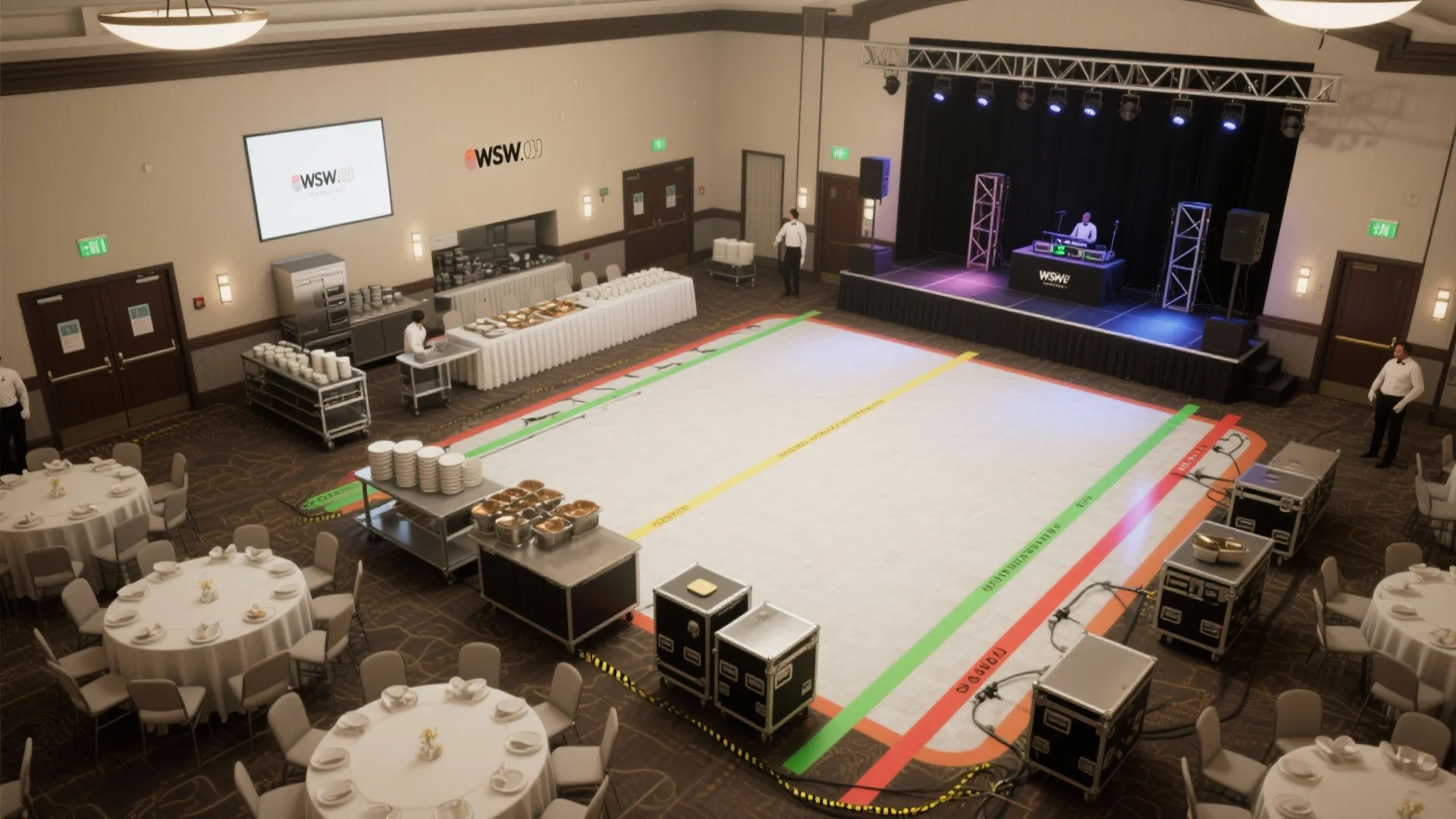 Interior design drawing of a ballroom with round tables and a stage with audio equipment