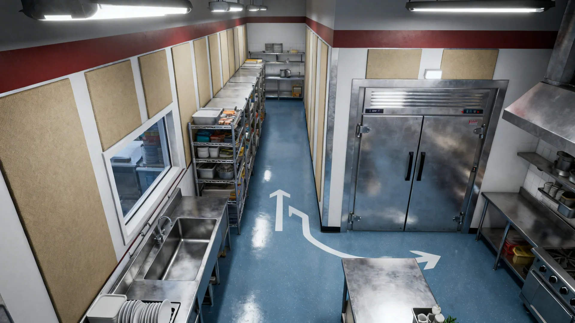 Top-down view of back-of-house corridor with triangulated dish, dry storage, and walk-in cooler for clear flow.