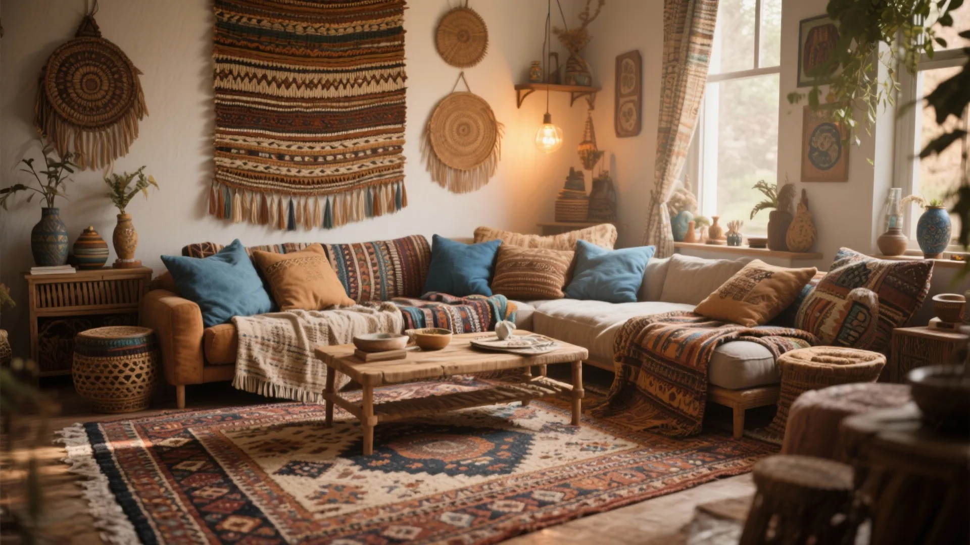 Bohemian living room featuring brown sofa blue pillows patterned rug wall hangings and wooden table
