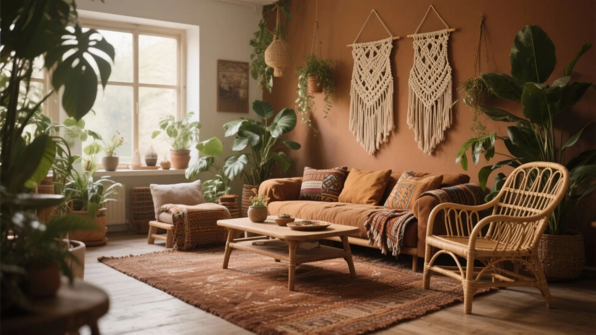 Bohemian living room with brown carpet, plants, and rattan furniture