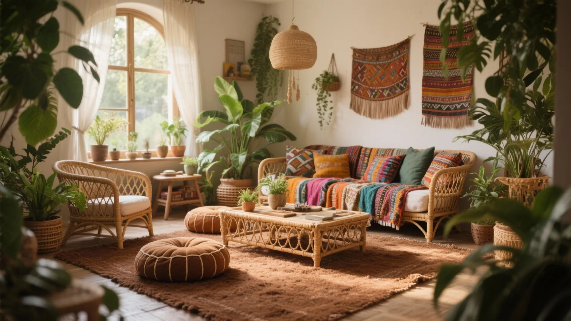Bohemian living room with brown carpet and plants