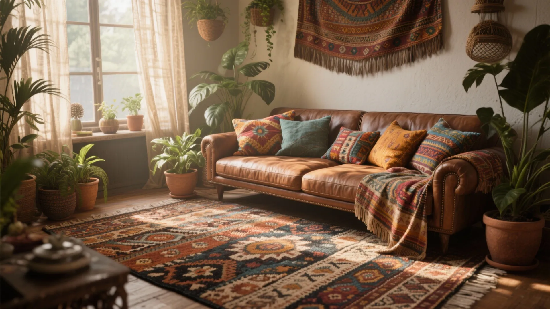 Brown leather couch with layered rugs and plants in a bohemian style