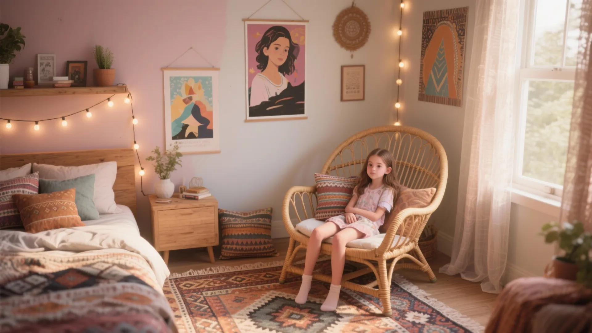 Cozy bedroom corner with rattan chair patterned rug fairy lights and colorful wall art posters