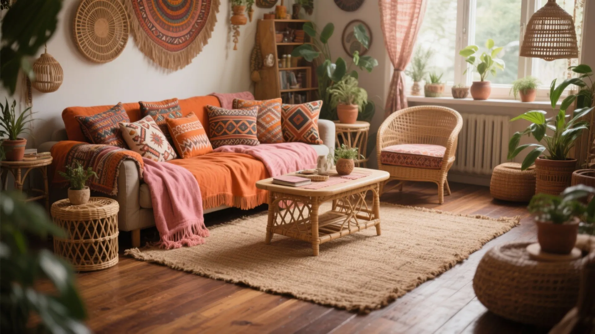 Bohemian living room with earthy pink textiles and natural materials