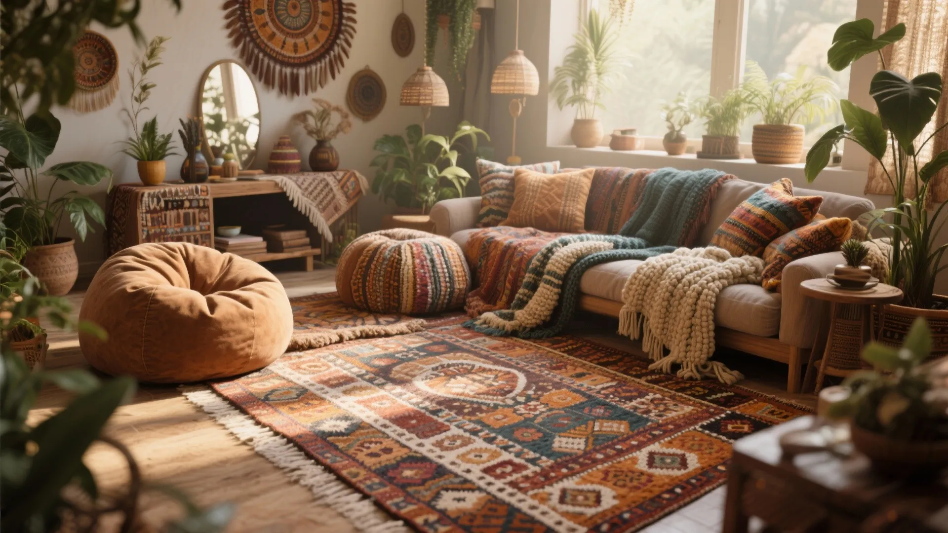Bohemian living room with layered textures and soft bean bags