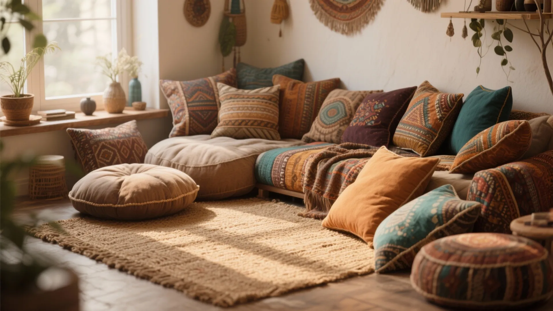 Cozy floor seating area with many colorful patterned cushions a woven rug and natural sunlight window