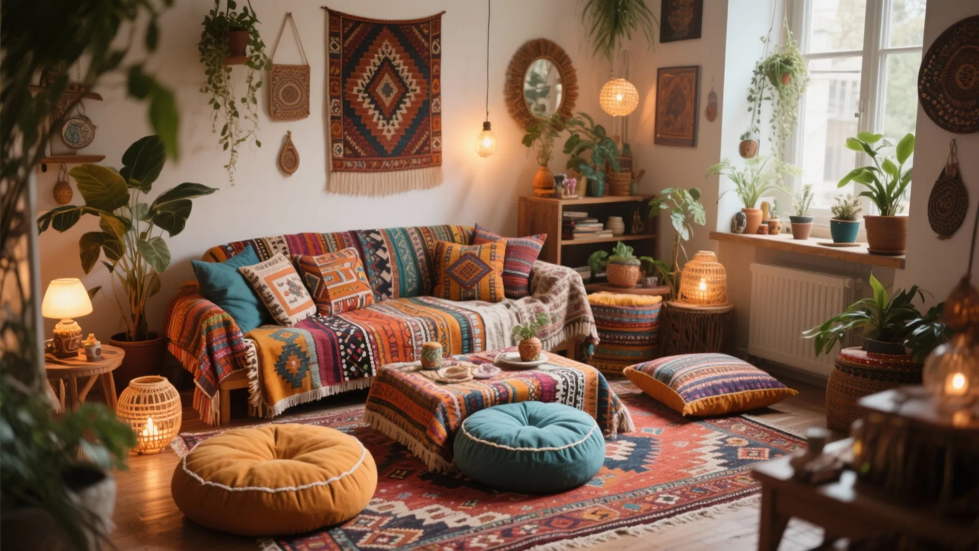 Bohemian living room with layered Moroccan rugs and cushions