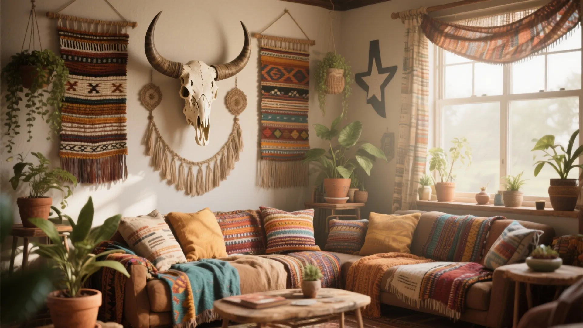 Bohemian living corner with layered decor and Texas Longhorn skull