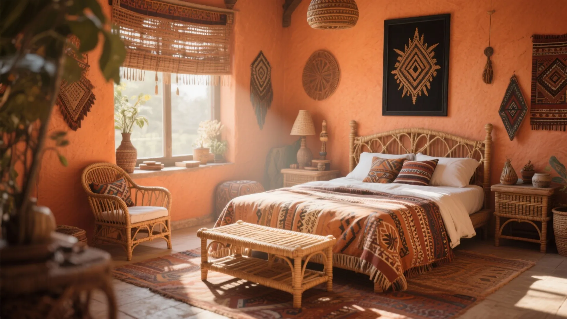 Bohemian bedroom with terracotta and black framed decor