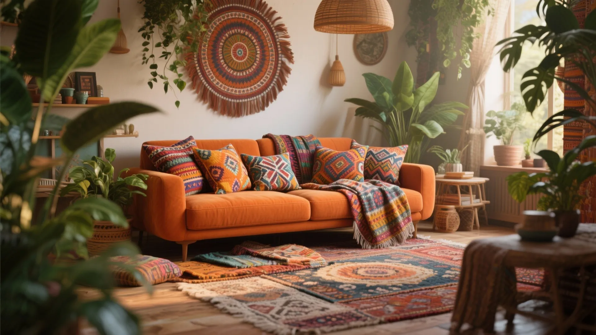 Bohemian living room with orange sofa colorful patterned cushions wall hanging plants and large woven rug