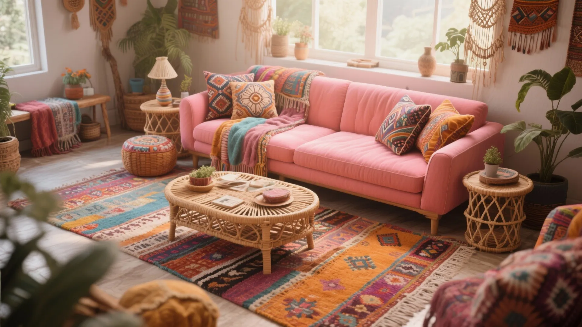 2. Bohemian Layers Around Pink Seating